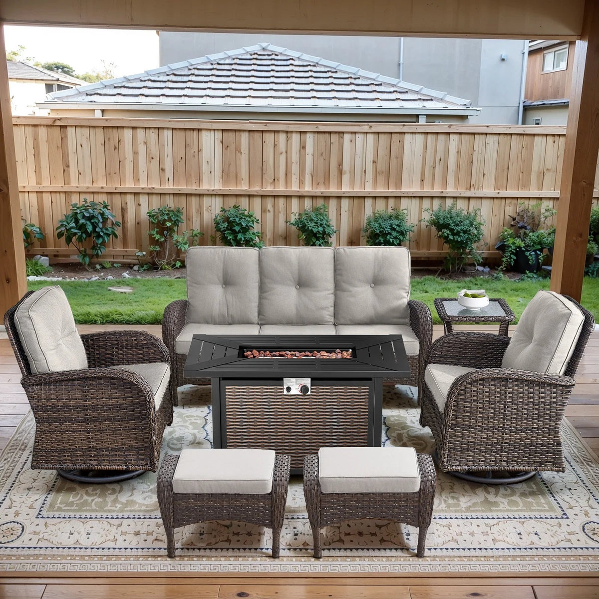 7-Piece Wicker Patio Set with Fire Pit Table