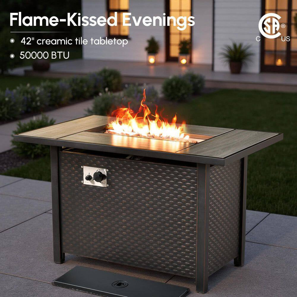 Jupiter 6-Piece Wicker Outdoor Patio Fire Pit Seating Sofa Set and with Orange Red Cushions and Swivel Rocking