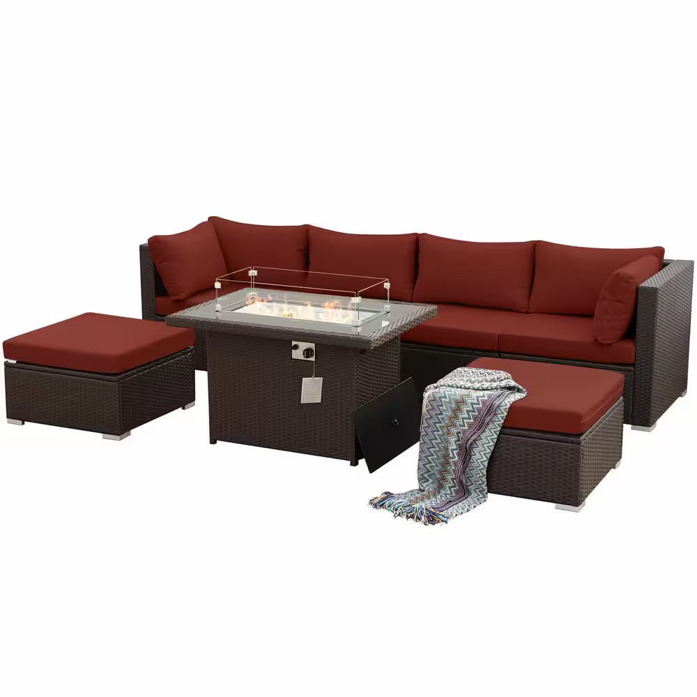 FINCATI 7 Piece Large Espresso Wicker Patio Fire Pit Sectional Deep Seating Sofa Set with Ottamans and Ruby Red Cushions