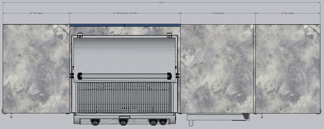 CasaBella Milan Outdoor Kitchen: Example layout dimensions, not a fixed build specification. Final dimensions depend on the quoted cabinetry and grill