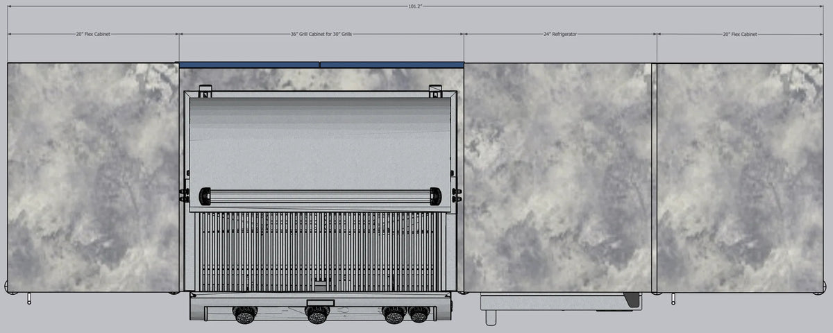 CasaBella Milan supplier dimension diagram for the illustrated example layout; final dimensions depend on the quoted grill and cabinetry.