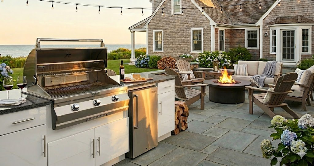 CasaBella Milan outdoor kitchen shown in a coastal outdoor living space