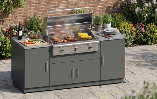 CasaBella Roma outdoor kitchen shown on a garden patio