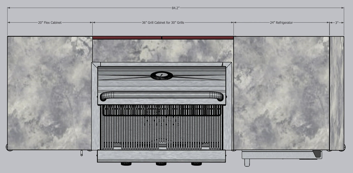 CasaBella Turin supplier dimension diagram for the illustrated example layout; final dimensions depend on the quoted grill and cabinetry.