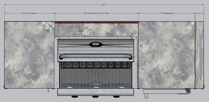CasaBella Turin supplier dimension diagram for the illustrated example layout; final dimensions depend on the quoted grill and cabinetry.