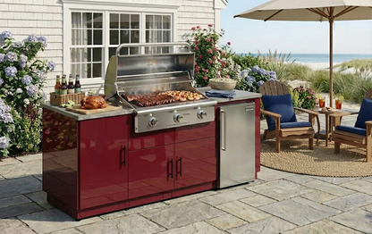 CasaBella Turin outdoor kitchen with storage and refrigeration shown on a coastal patio