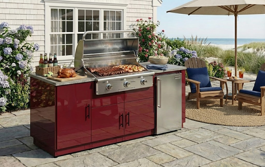 CasaBella Turin outdoor kitchen with storage and refrigeration shown on a coastal patio