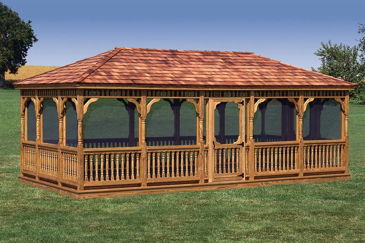 Creative Gazebos Rectangle Wood Gazebo: manufacturer 12 x 24 ft screened example with wood-shake roof. Optional features and final size are quoted separately.