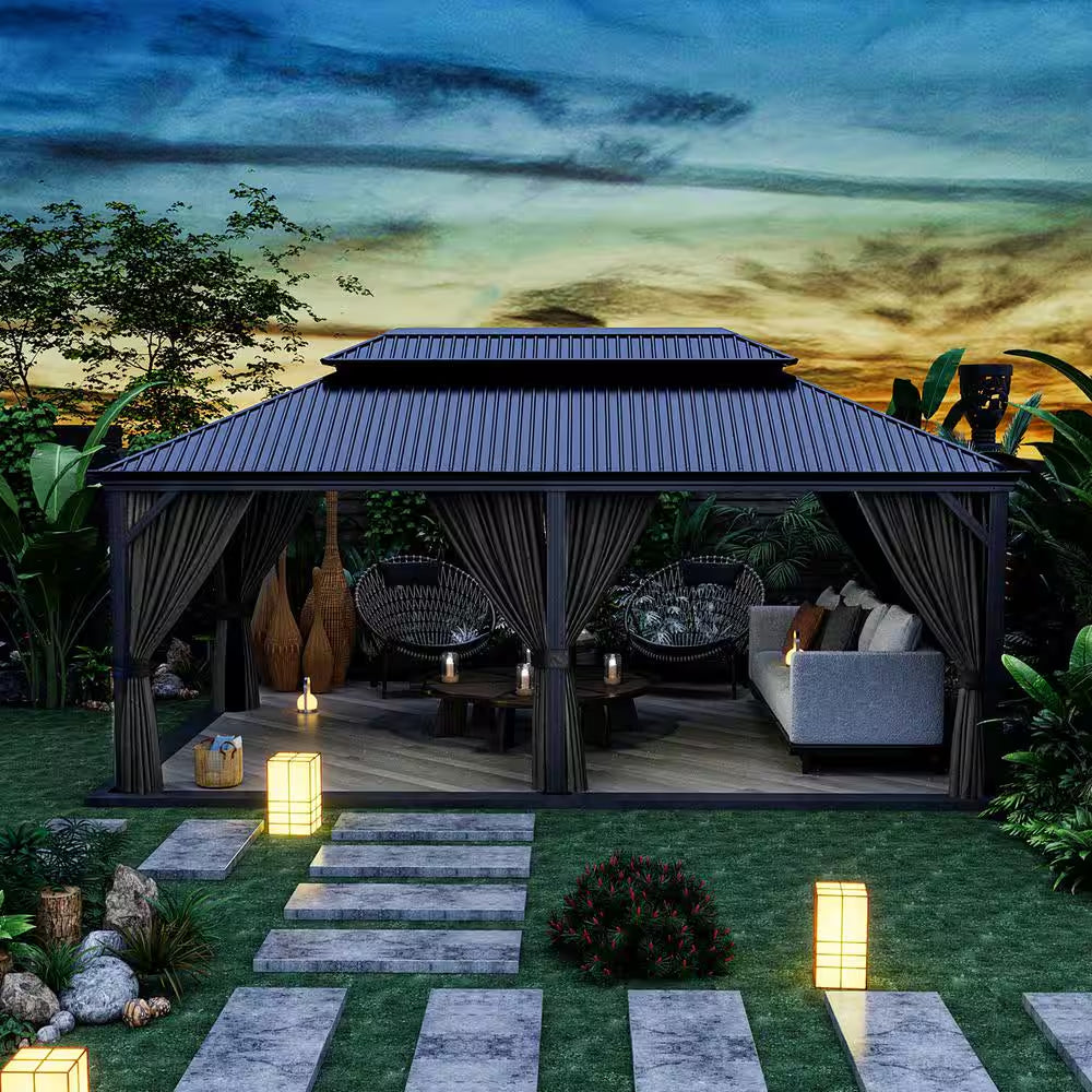 Alora Hardtop Aluminum Patio Gazebo with Double Roof, Netting, and Gray Curtains