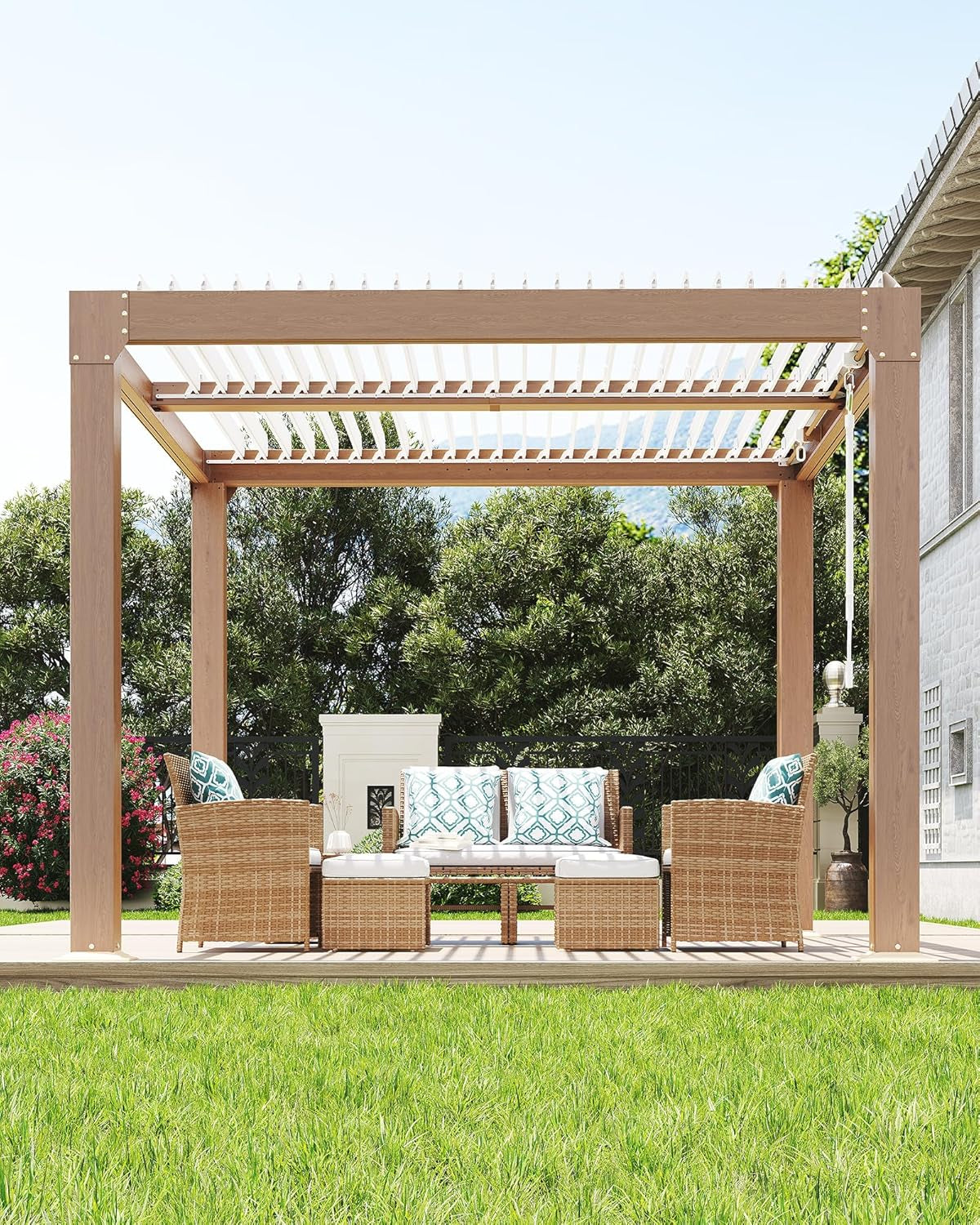 Louvered Pergola 10 Ft X10', Outdoor Pergola with Adjustable Louvered Roof, Reinforced Aluminum Frame, Integrated Drainage System, Hardtop Gazebo for Patio, Deck, Wood Grain