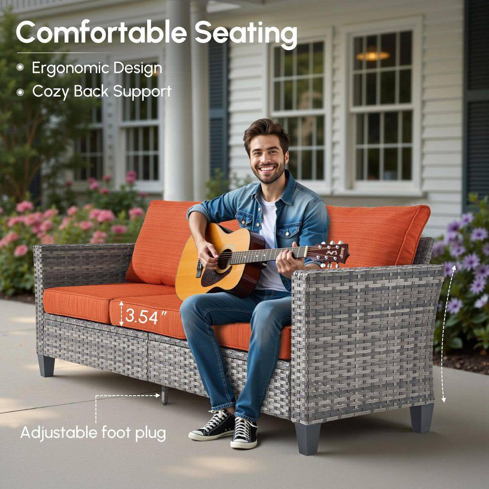 Jupiter 6-Piece Wicker Outdoor Patio Fire Pit Seating Sofa Set and with Orange Red Cushions and Swivel Rocking