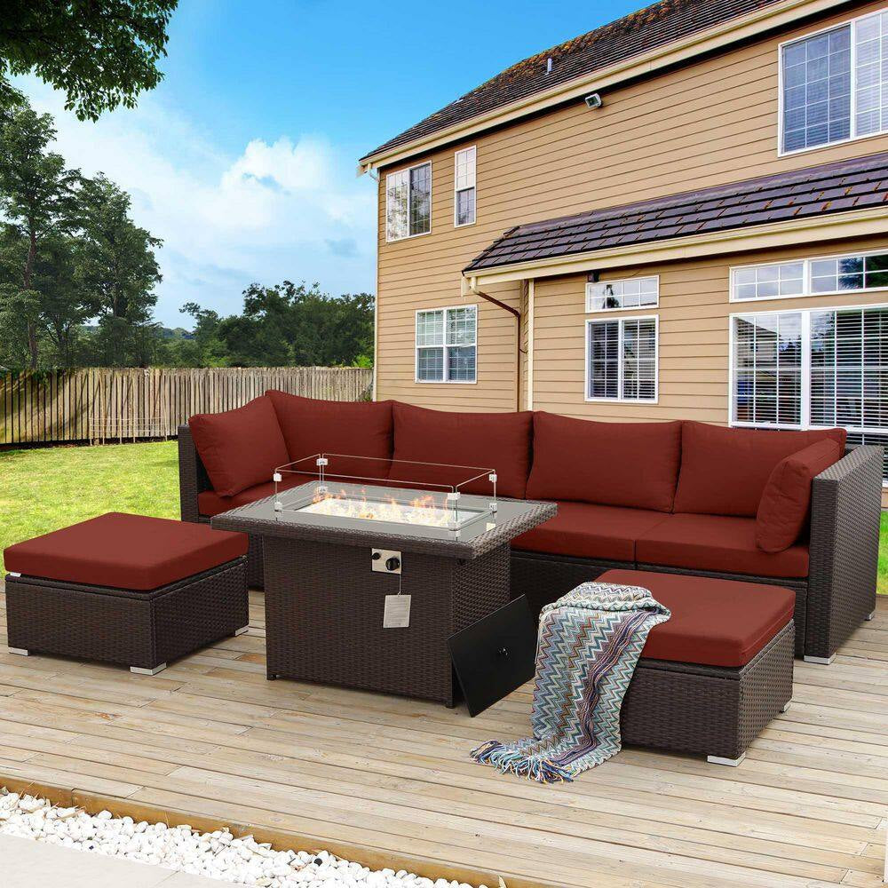 FINCATI 7 Piece Large Espresso Wicker Patio Fire Pit Sectional Deep Seating Sofa Set with Ottamans and Ruby Red Cushions