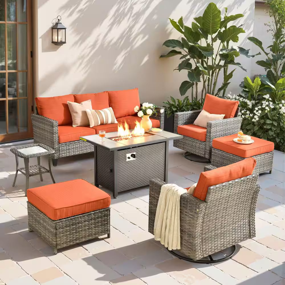 Jupiter 6-Piece Wicker Outdoor Patio Fire Pit Seating Sofa Set and with Orange Red Cushions and Swivel Rocking