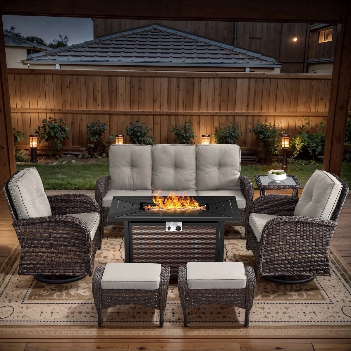 7-Piece Wicker Patio Set with Fire Pit Table