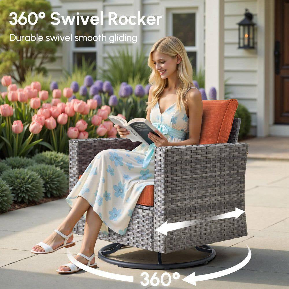 Jupiter 6-Piece Wicker Outdoor Patio Fire Pit Seating Sofa Set and with Orange Red Cushions and Swivel Rocking