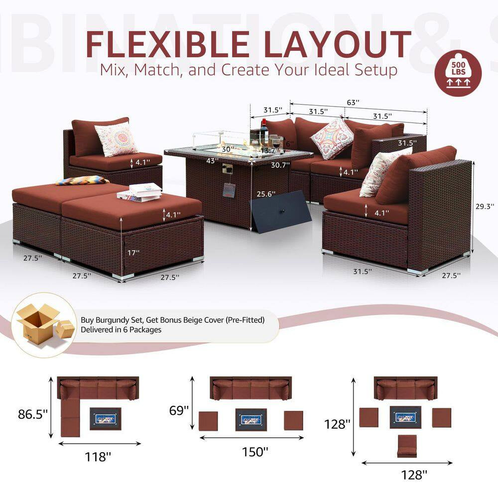FINCATI 7 Piece Large Espresso Wicker Patio Fire Pit Sectional Deep Seating Sofa Set with Ottamans and Ruby Red Cushions