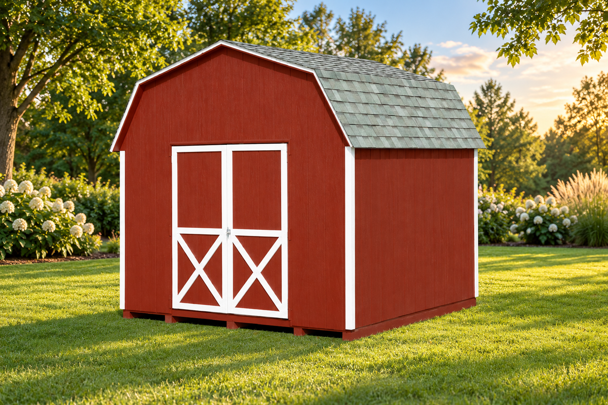 AI-staged lifestyle illustration of the G-C Sheds 10 × 10 ft LP-wood Barn; landscaping is not included. Original manufacturer photo retained in gallery.
