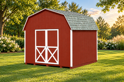 AI-staged lifestyle illustration of the G-C Sheds 10 × 10 ft LP-wood Barn; landscaping is not included. Original manufacturer photo retained in gallery.