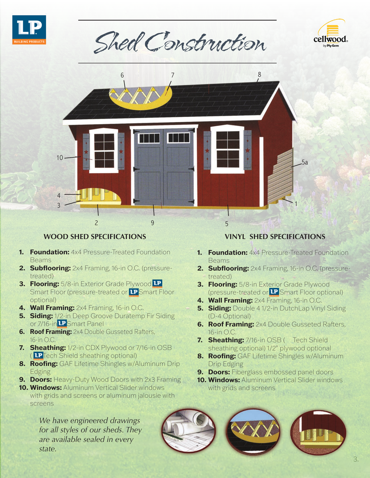 G-C Sheds manufacturer construction reference, brochure page 3. General wood and vinyl shed specifications; diagram is illustrative, not this model's design. Options and applicability require confirmation.