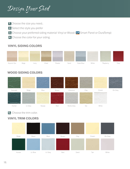 G-C Sheds manufacturer siding and trim color reference, brochure page 18. Select the material listed for this product; shown options vary by model and require confirmation.