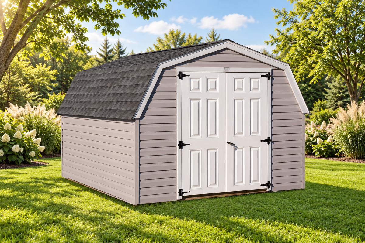 AI-staged lifestyle illustration of the G-C Sheds 10 × 12 ft vinyl Mini-Barn; landscaping is not included. Original manufacturer photo retained in gallery.