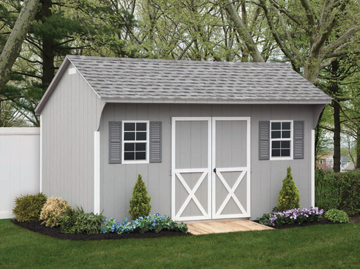 G-C Sheds Quaker, 10 × 14 ft, Ronks Gray LP Smart Panel — manufacturer catalog configuration; optional features may be shown