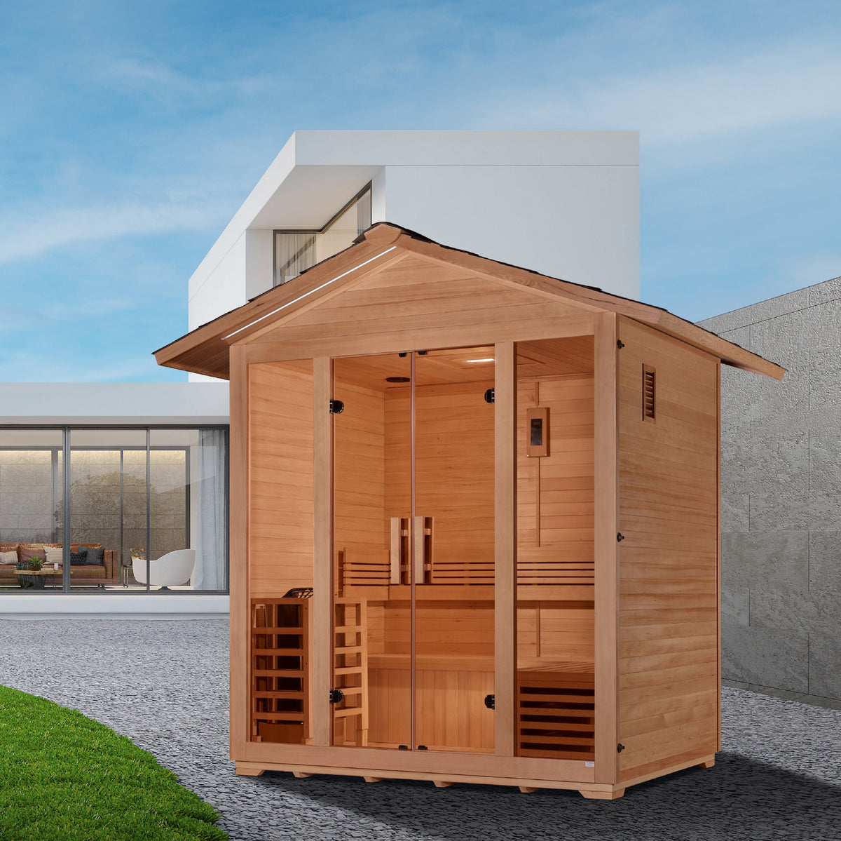 Golden Designs Vorarlberg GDI-8105-01, manufacturer lifestyle view beside a modern house