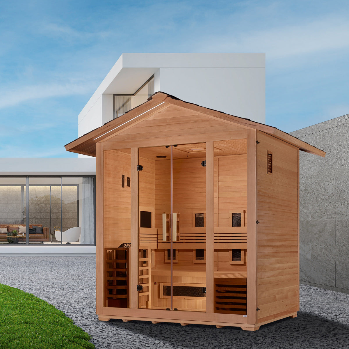 Golden Designs Gargellen GDI-8125-01, manufacturer lifestyle view beside a modern house