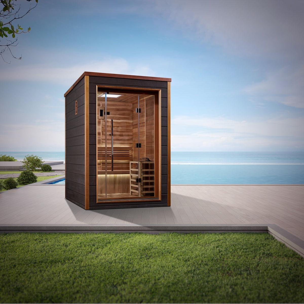 Golden Designs Narvik GDI-8202-01, manufacturer lifestyle view on a terrace beside a lawn