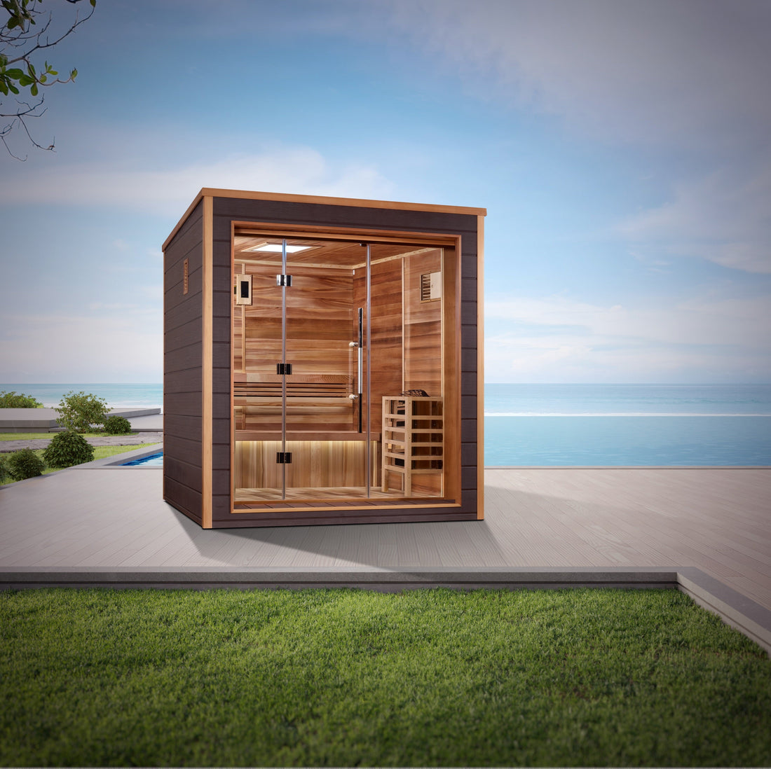 Golden Designs Drammen 3-Person Traditional Outdoor Sauna | GDI-8203-01: Manufacturer setting: on a terrace beside a lawn
