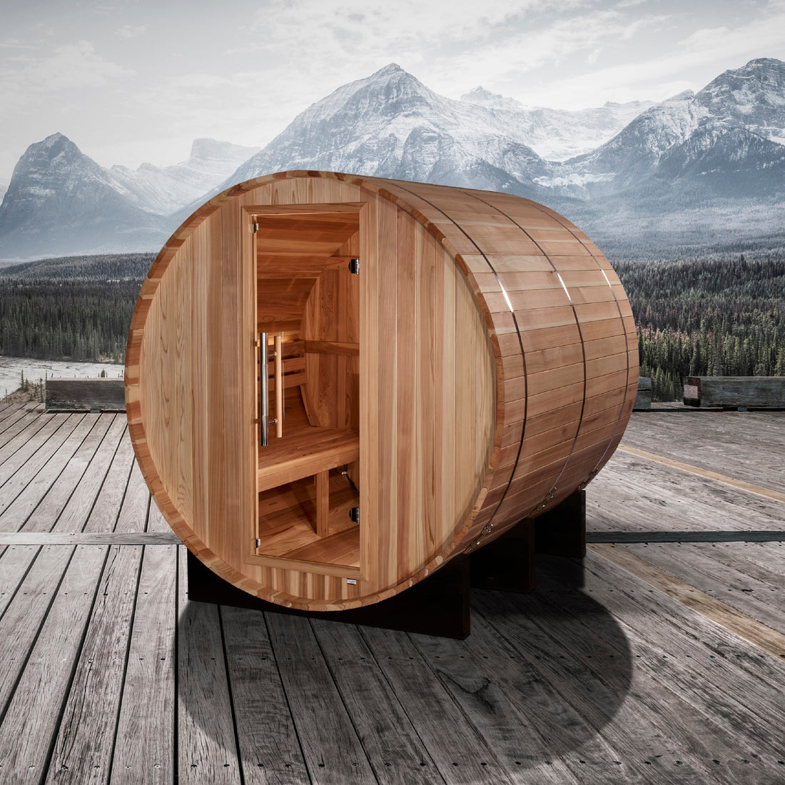 Golden Designs Arosa 4-Person Barrel Traditional Outdoor Sauna | GDI-B004-01: Manufacturer setting: on a mountain-facing timber deck