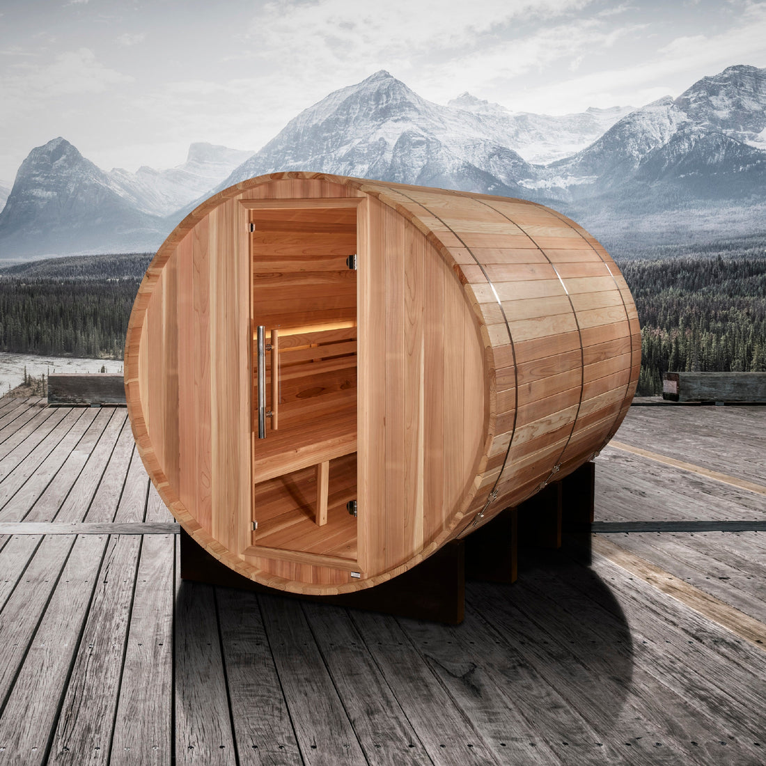 Golden Designs Klosters 6-Person Barrel Traditional Outdoor Sauna | GDI-B006-01: Manufacturer setting: on a mountain-facing timber deck