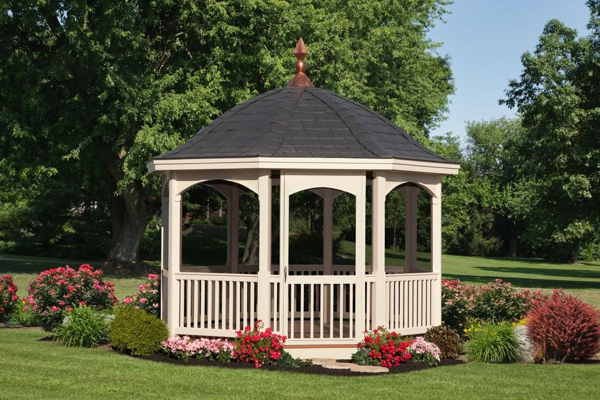 Creative Gazebos Belle Octagon Vinyl Gazebo: 14' Vinyl Octagon Gazebo - Belle - Almond. Manufacturer family example; size, finishes and optional features vary.