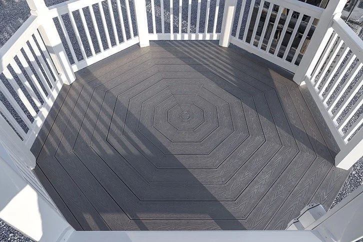 Creative Gazebos Classic Country Octagon Vinyl Gazebo: Composite-flooring detail from the vinyl octagon gazebo family. Manufacturer example; size, finish and optional features vary.