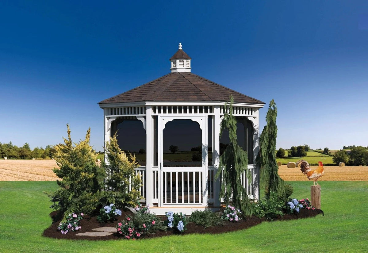 Creative Gazebos Classic Octagon Vinyl Gazebo: 12' Vinyl Octagon Gazebo - Classic w/Screens. Manufacturer family example; size, finishes and optional features vary.