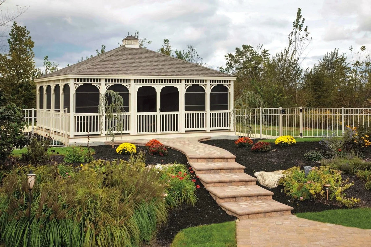 Creative Gazebos Classic Rectangle Vinyl Gazebo: 20x22 Vinyl Rectangle Gazebo - Classic - Almond w/Screens & Double Door. Manufacturer family example; size, finishes and optional features vary.