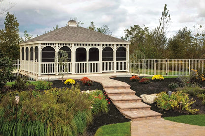 Creative Gazebos Classic Rectangle Vinyl Gazebo: 20x22 Vinyl Rectangle Gazebo - Classic - Almond w/Screens & Double Door. Manufacturer family example; size, finishes and optional features vary.