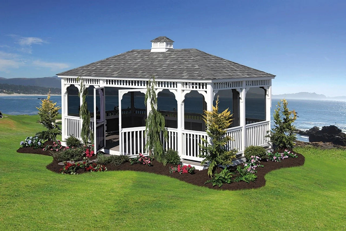 Creative Gazebos Classic Rectangle Vinyl Gazebo: 12x20 Vinyl Rectangle Gazebo - Classic w/Screens. Manufacturer family example; size, finishes and optional features vary.