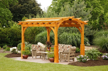 Creative Gazebos Cozy Arch Wood Pergola: 8x10 Cozy Arch Pergola w/Superior Post Skirts. Manufacturer family example; size, finishes and optional features vary.