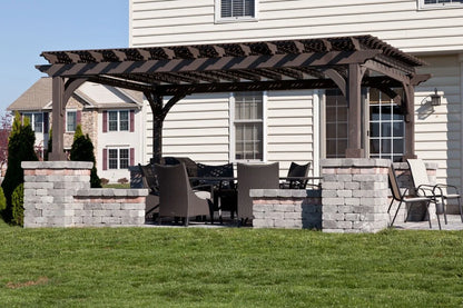 Creative Gazebos Elegant Rectangle Pergola — 16 × 18 ft: 12x16 Elegant Wood Pergola w/Lattice & Stone Pillars. Manufacturer family example; size, finishes and optional features vary.