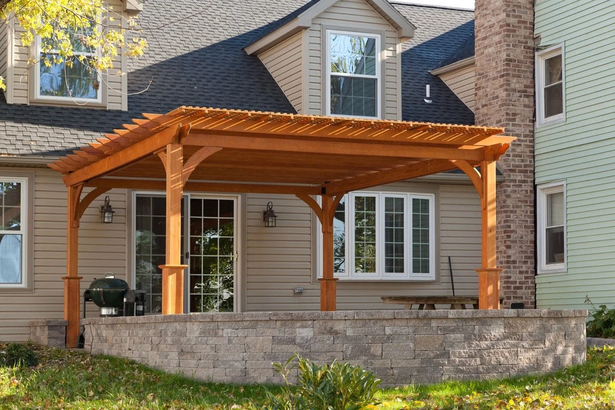 Creative Gazebos Elegant Rectangle Pergola — 16 × 18 ft: 16x16 Elegant Wood Pergola w/Lattice & Post Skirts. Manufacturer family example; size, finishes and optional features vary.