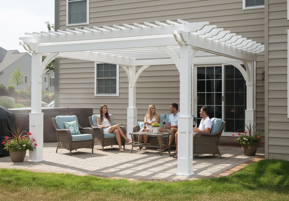 Creative Gazebos Elegant Vinyl Pergola: 12x14 Elegant Vinyl Pergola w/8" Superior Posts. Manufacturer family example; size, finishes and optional features vary.