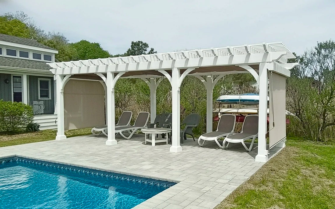 Creative Gazebos Elegant Vinyl Pergola: 8x24 Elegant Vinyl Pergola with EZ Shade Canopy and Curtains. Manufacturer example; size, finish and optional features vary.