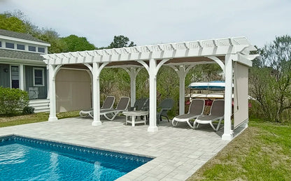Creative Gazebos Elegant Vinyl Pergola: 8x24 Elegant Vinyl Pergola w/EZ Shade Canopy and Curtains. Manufacturer family example; size, finishes and optional features vary.