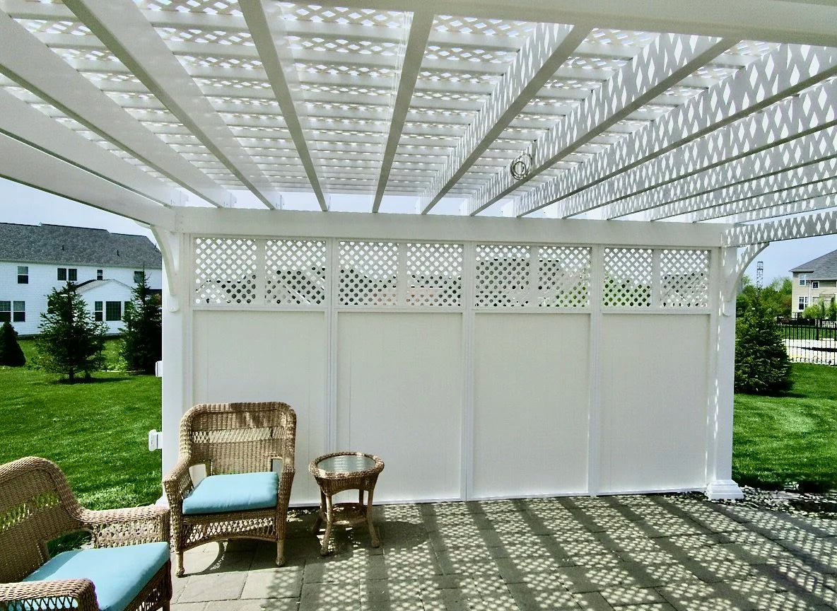 Creative Gazebos Elegant Vinyl Pergola: Vinyl Pergola Privacy Wall with Lattice. Manufacturer family example; size, finishes and optional features vary.