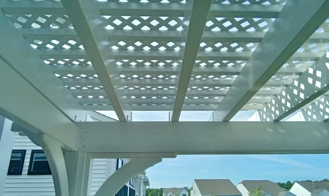 Creative Gazebos Elegant Vinyl Pergola: Elegant Vinyl pergola, overhead lattice detail. Manufacturer example; size, finish and optional features vary.