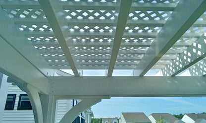 Creative Gazebos Elegant Vinyl Pergola: Vinyl Pergola with Lattice. Manufacturer family example; size, finishes and optional features vary.