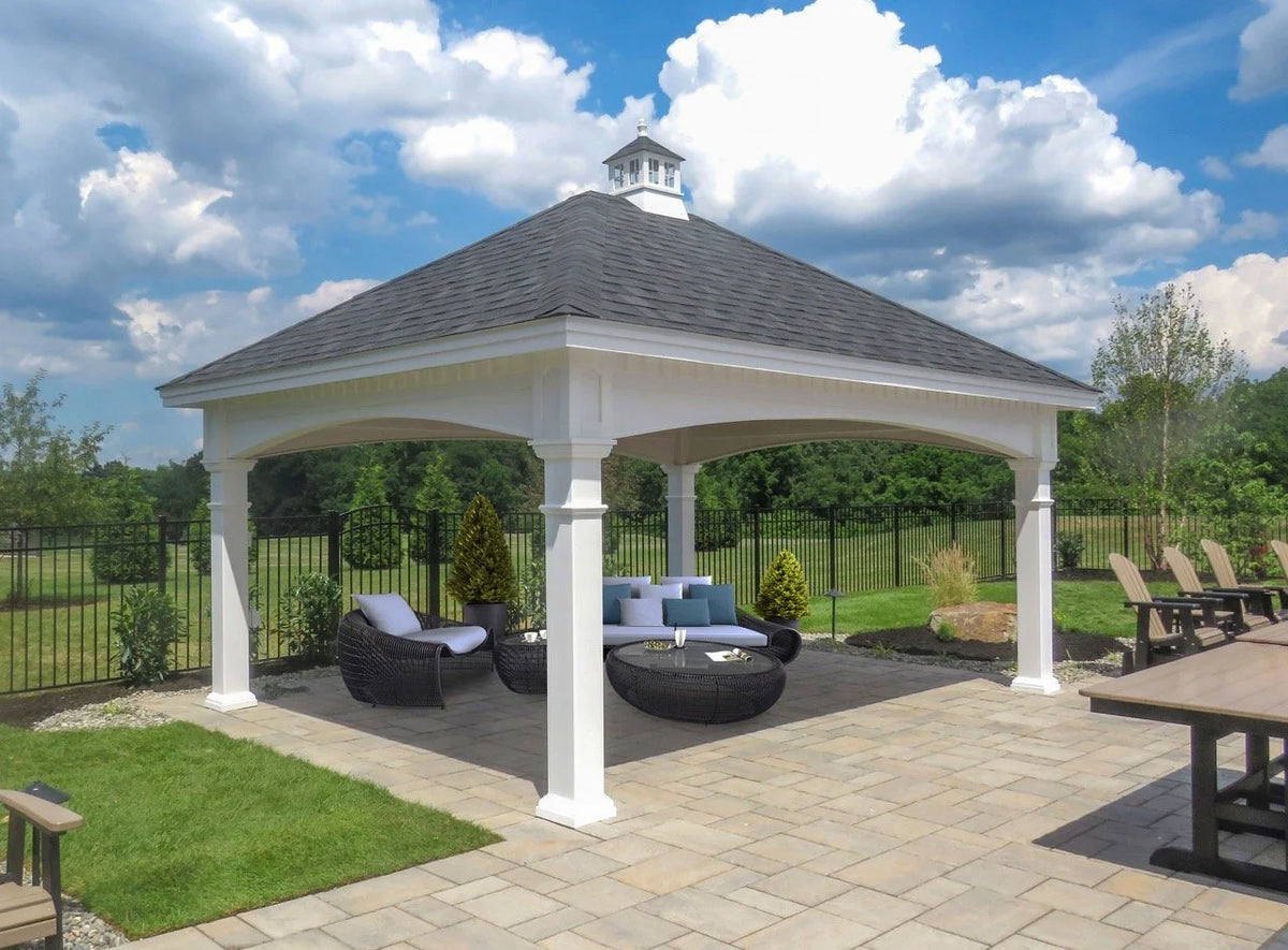 Creative Gazebos Hampton Pavilion: 16x20 Hampton Pavilion w/8" Posts & Cupola w/Glass. Manufacturer family example; size, finishes and optional features vary.