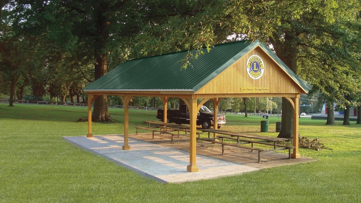Creative Gazebos Keystone A-Frame Wood Pavilion: 16x32 Keystone A-Frame w/(6) 5" Posts & Enclosed Gable Ends. Manufacturer family example; size, finishes and optional features vary.
