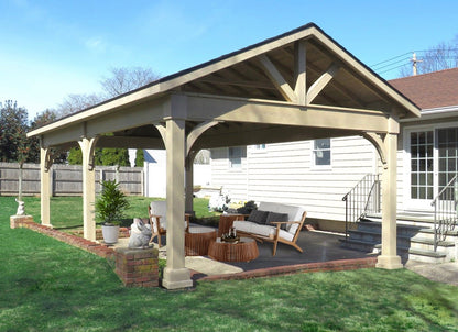Creative Gazebos Keystone A-Frame Wood Pavilion: 16x24 Keystone A-Frame w/(6) 7" Posts & Briarwood. Manufacturer family example; size, finishes and optional features vary.